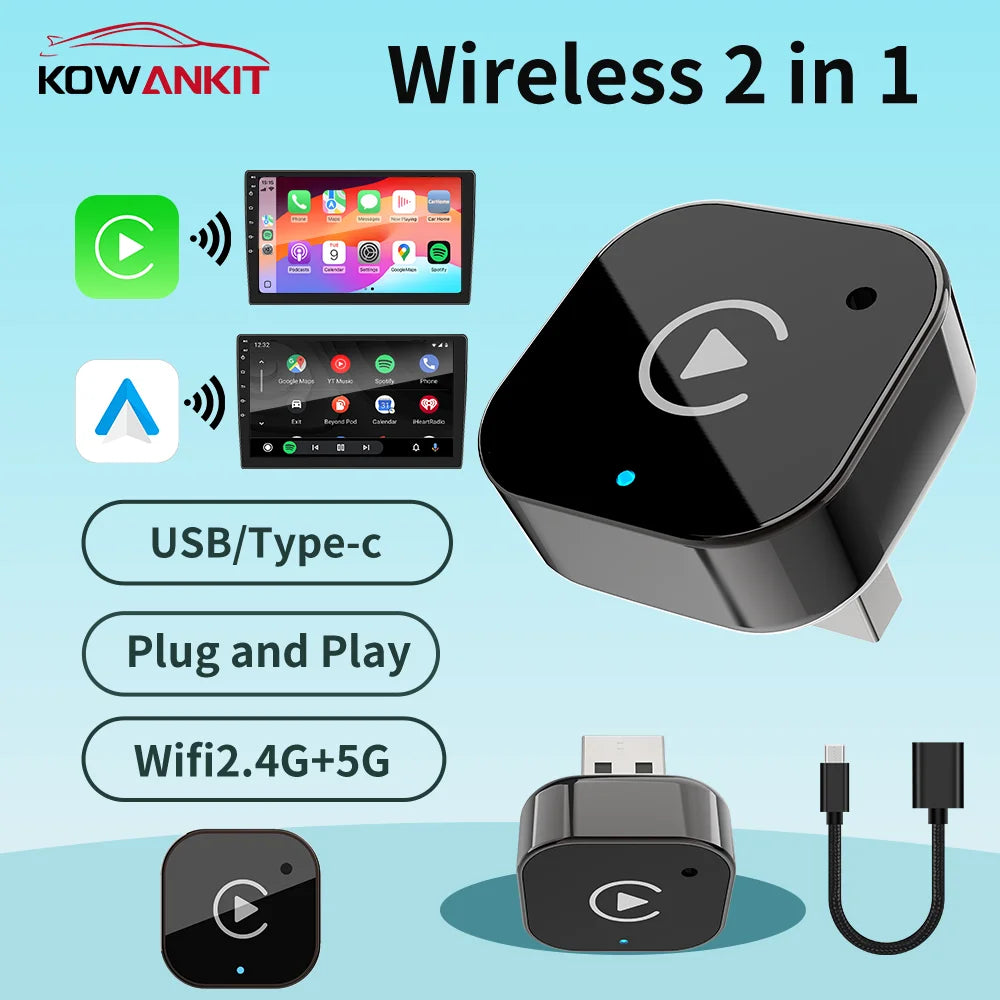 Kowankit 2In1 Wireless Carplay Adapter Android Auto Carplay Usb 2026 Plug & Play Car Dongle for Toyota Honda Ford Benz VW Nissan